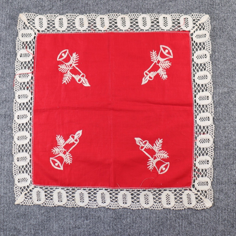 Vintage Lace Christmas Embroidered Square Tablecloth Topper Bells Grandma 19x19